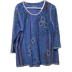 Coldwater Creek Blue Striped Animal Print Beaded Top 1X Sheer 3/4 Sleeve
